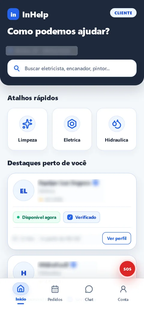 Tela inicial do cliente com busca e atalhos de categoria.