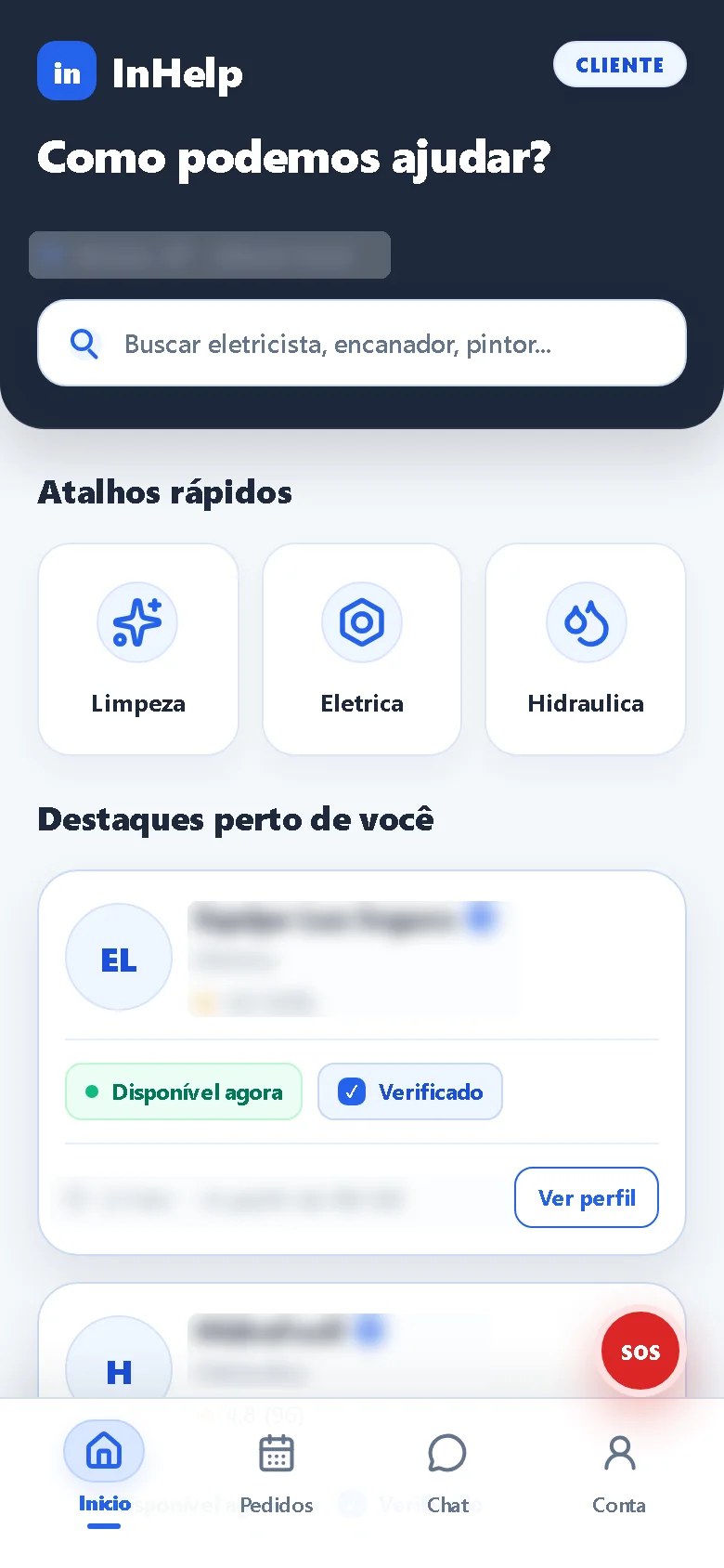 Tela inicial do cliente com busca e atalhos de categoria.