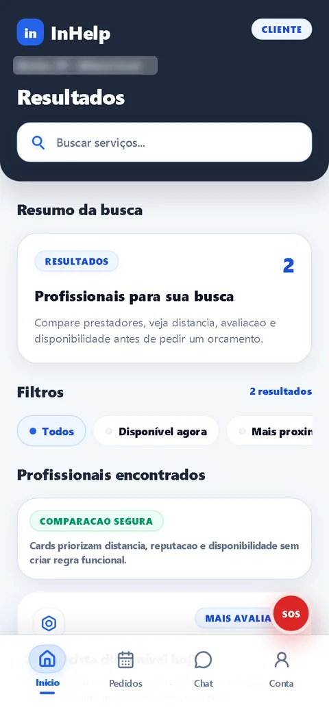 Tela de resultados com resumo da busca e filtros Todos, Disponível agora e Mais próximos.