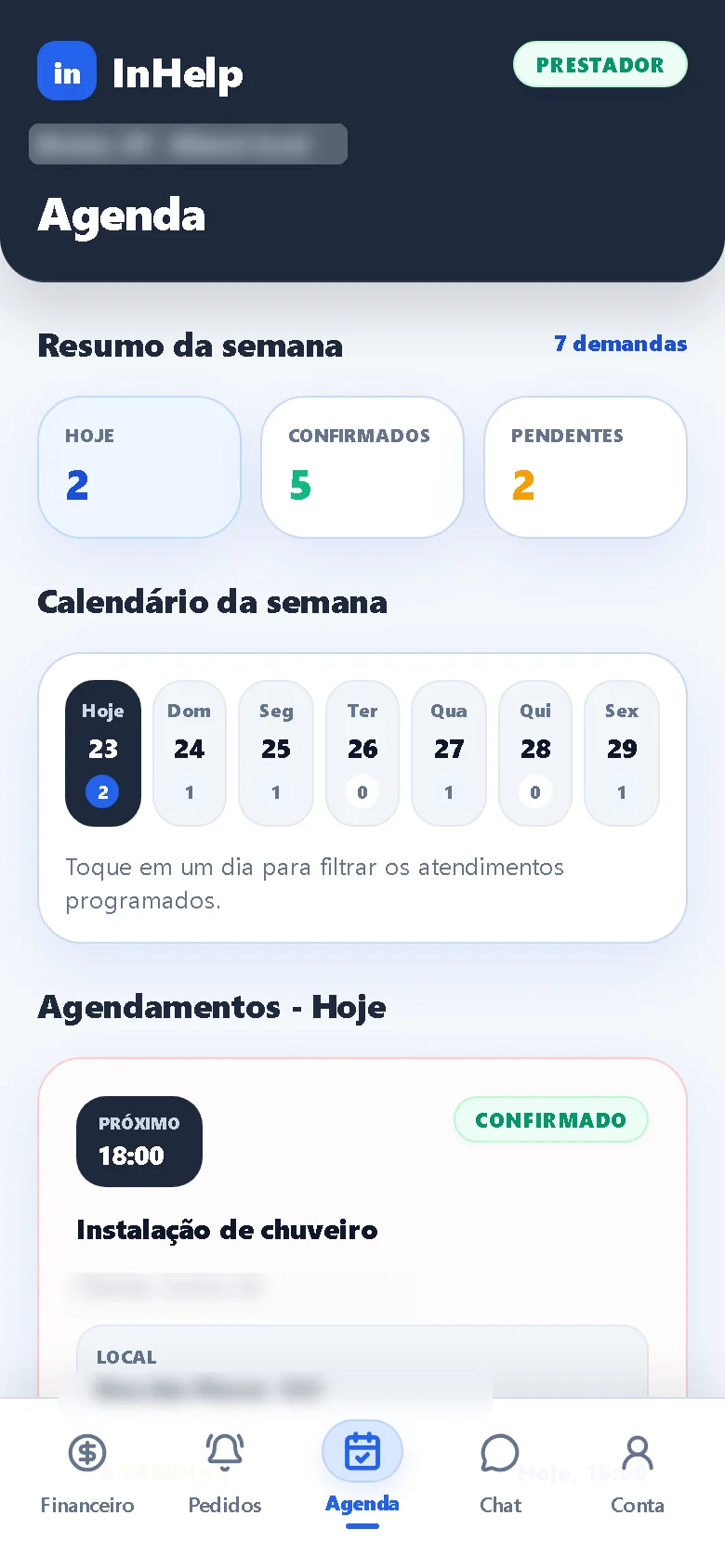 Agenda do profissional com resumo da semana e próximo agendamento.