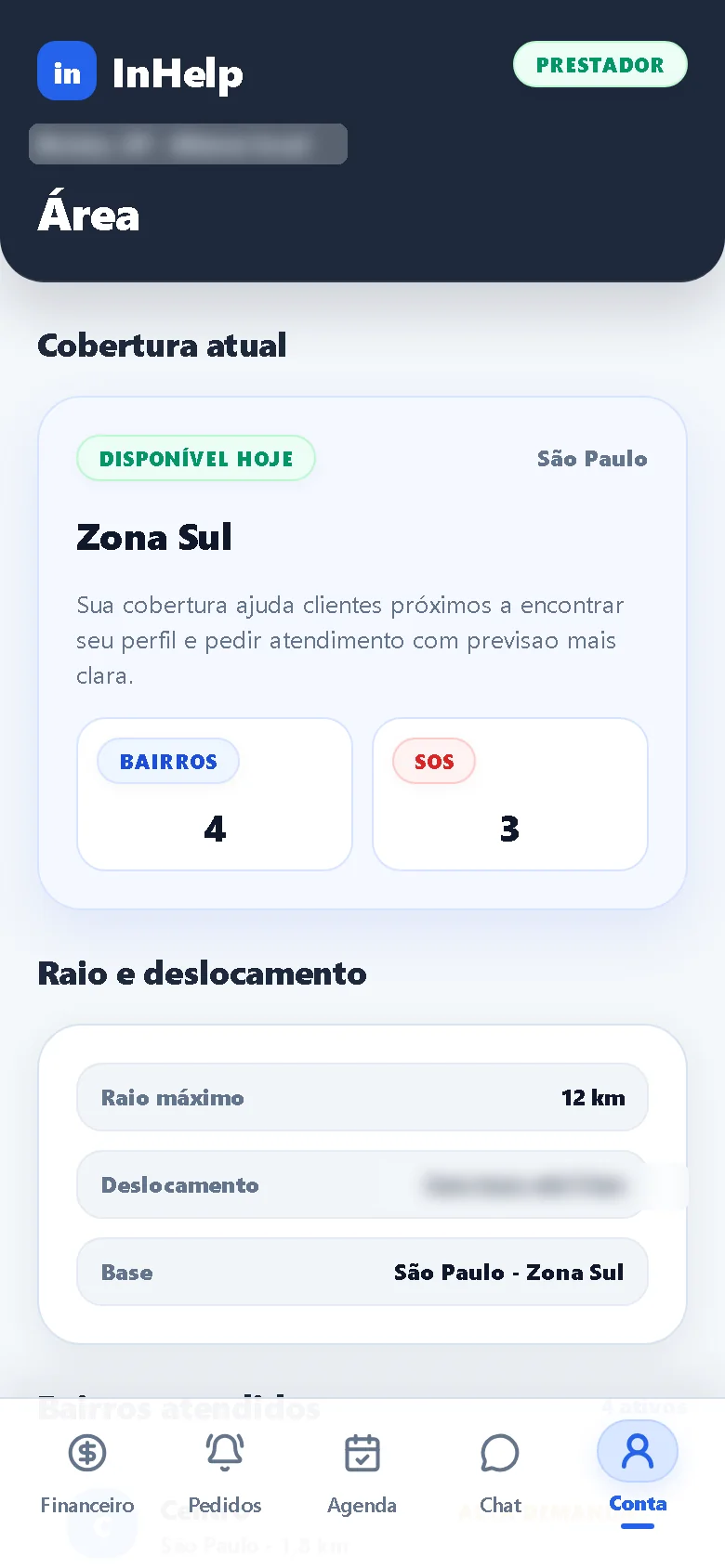 Área de atendimento: cobertura atual, bairros, SOS e raio de deslocamento.