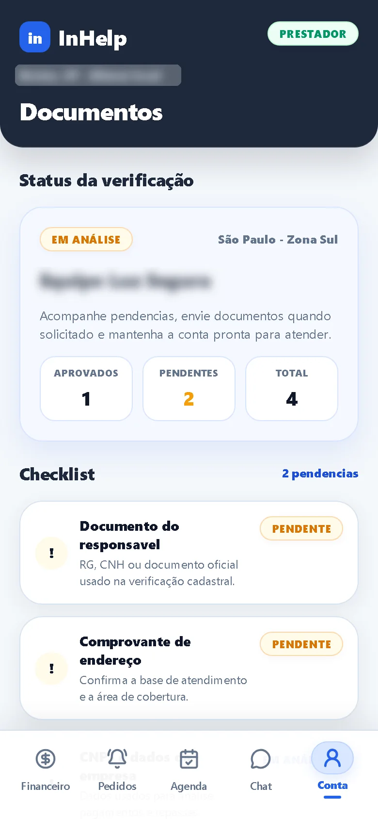 Documentos: status da verificação e checklist de pendências.