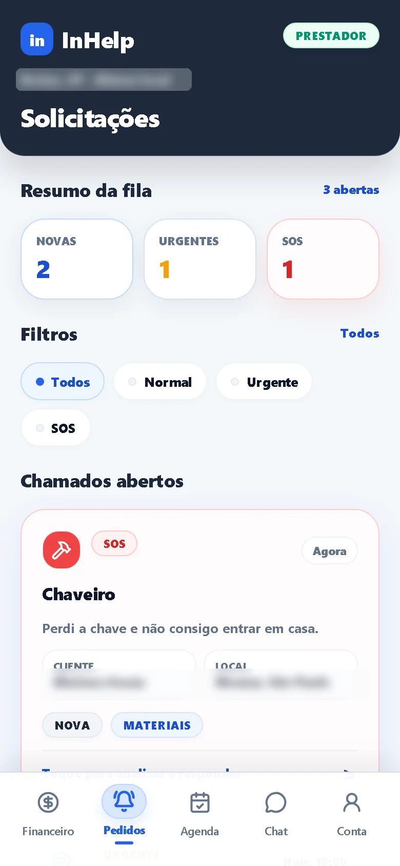 Fila de solicitações do profissional.