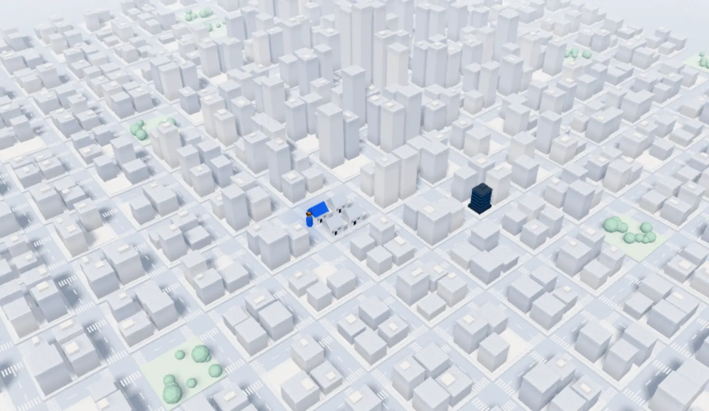 Cidade em 3D com a casa de quem fez o pedido e o prédio do profissional.